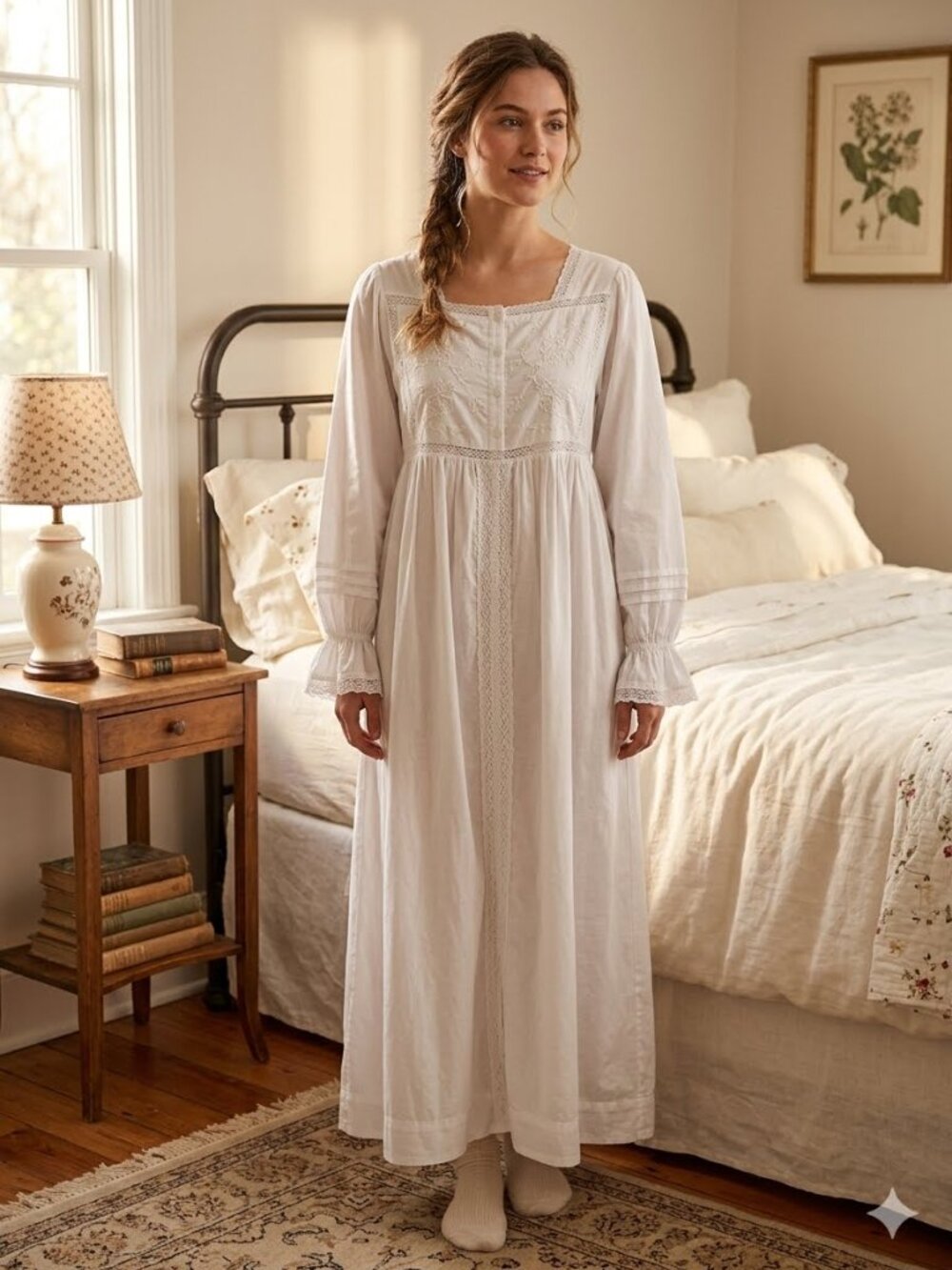 Pink Goddess Women's XL Long Sleeve Floral Embroidered Crochet Cotton Nightgown